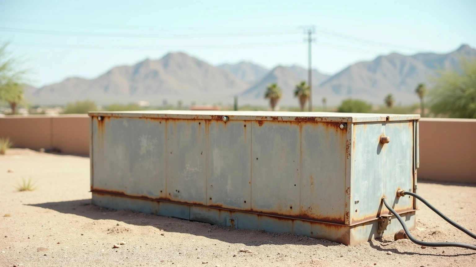 A boxy galvanized sheet-metal evaporative swamp cooler on the low flat roof of a single-story Phoenix stucco home under harsh midday desert sun, with a water supply hose and dusty weathered metal panels, desert mountains on the horizon.