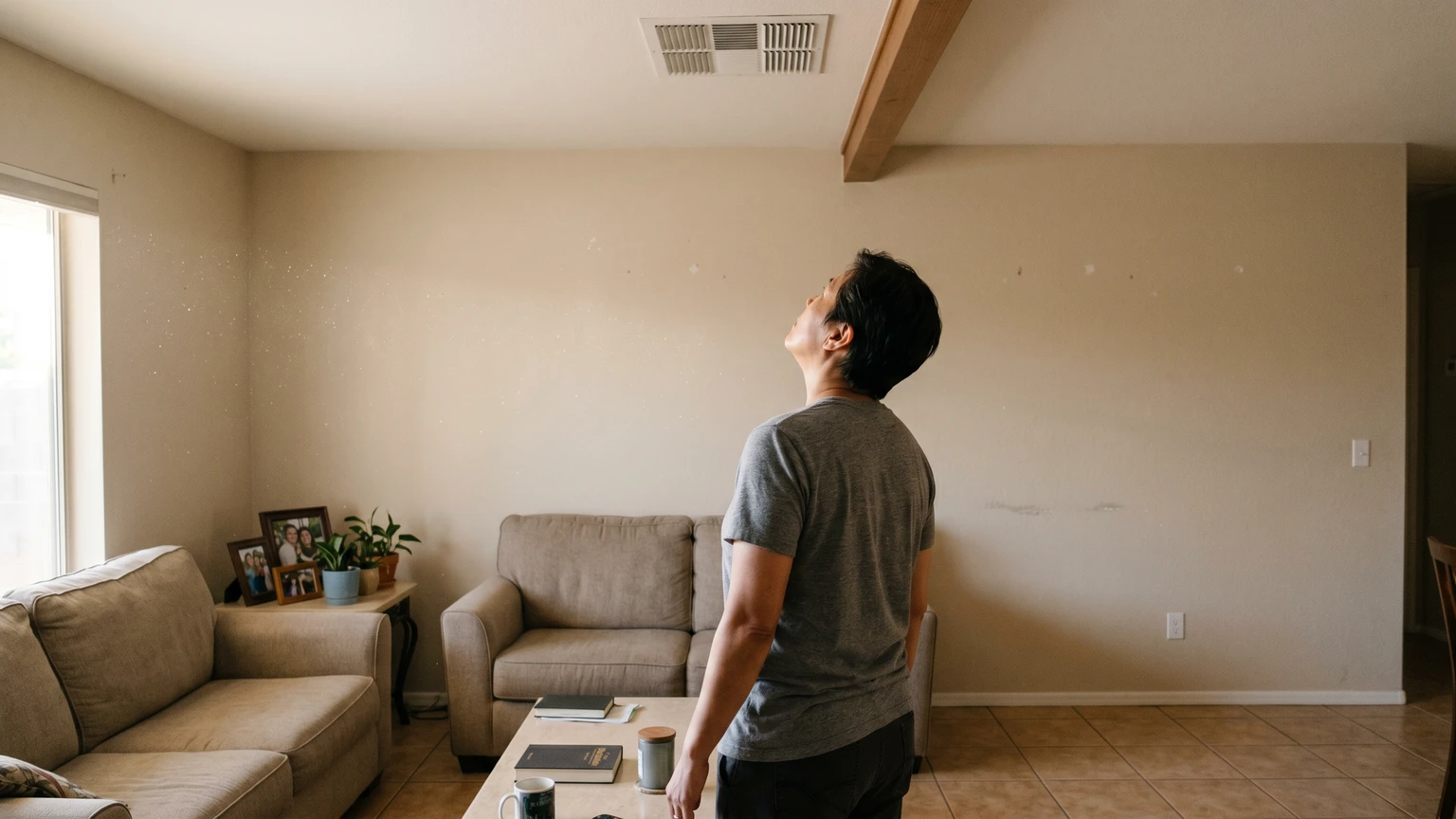 Person standing in a Phoenix home living room pausing near a ceiling AC vent, noticing an odor, soft afternoon indoor light, no identifiable face.