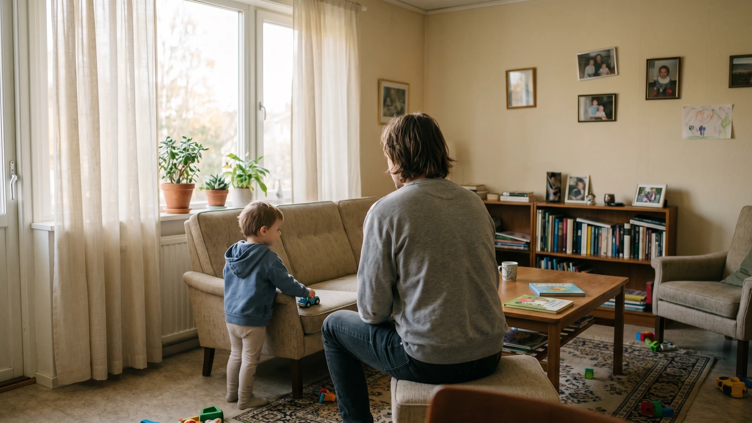 A parent and young child seen from behind in soft afternoon window light inside an ordinary home living room, quiet domestic interior, no faces visible.
