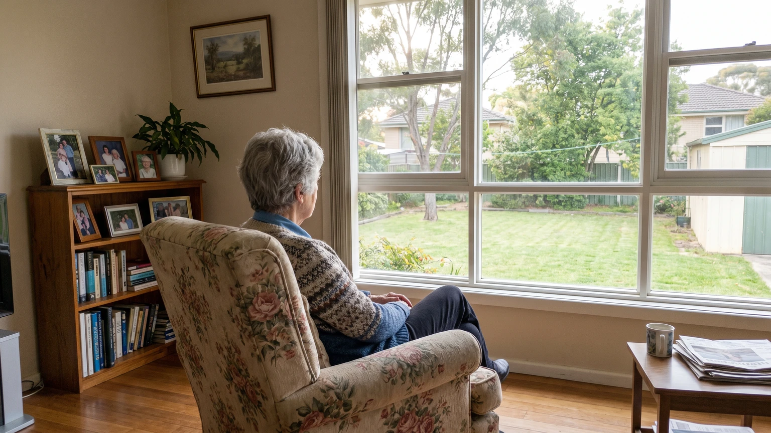 An older adult seen from behind, sitting in an armchair looking out a living-room window in an ordinary home.