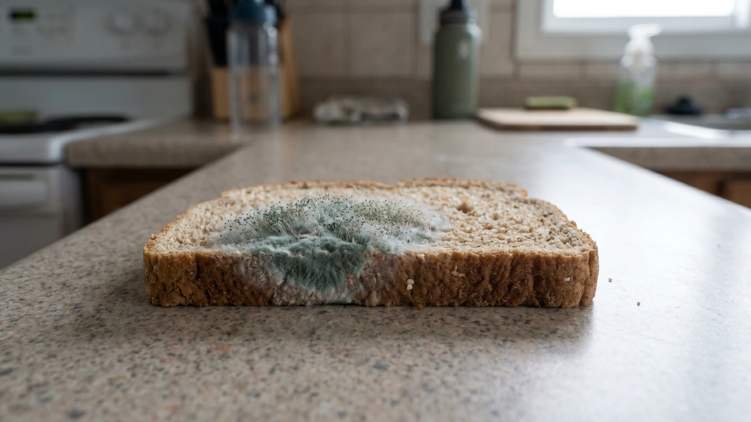 Close-up of fuzzy blue-green mold growth on a slice of bread on a kitchen counter, showing cottony texture with tiny colored dots at the tips