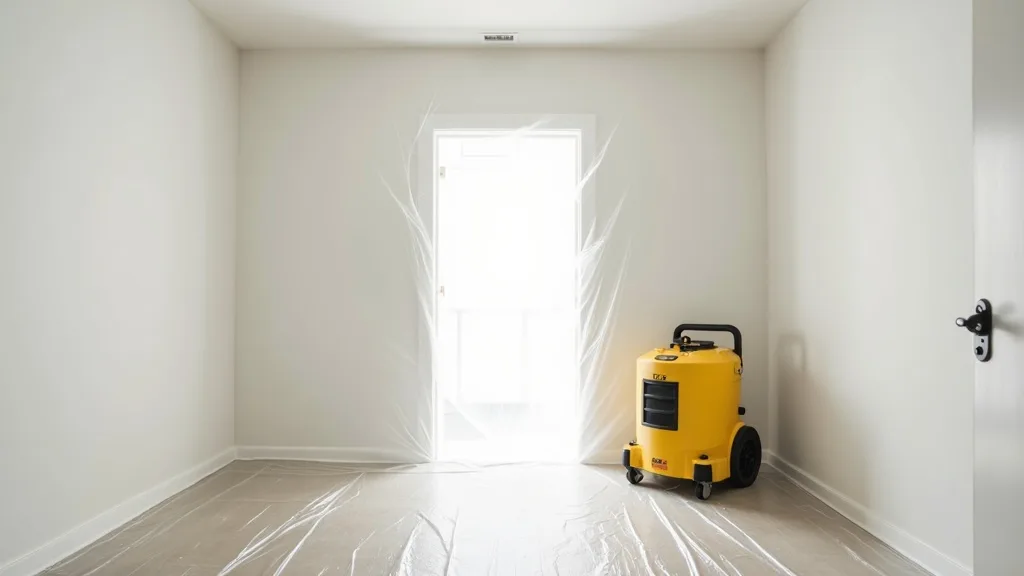 Plastic containment sheeting and a HEPA air scrubber set up for mold remediation.