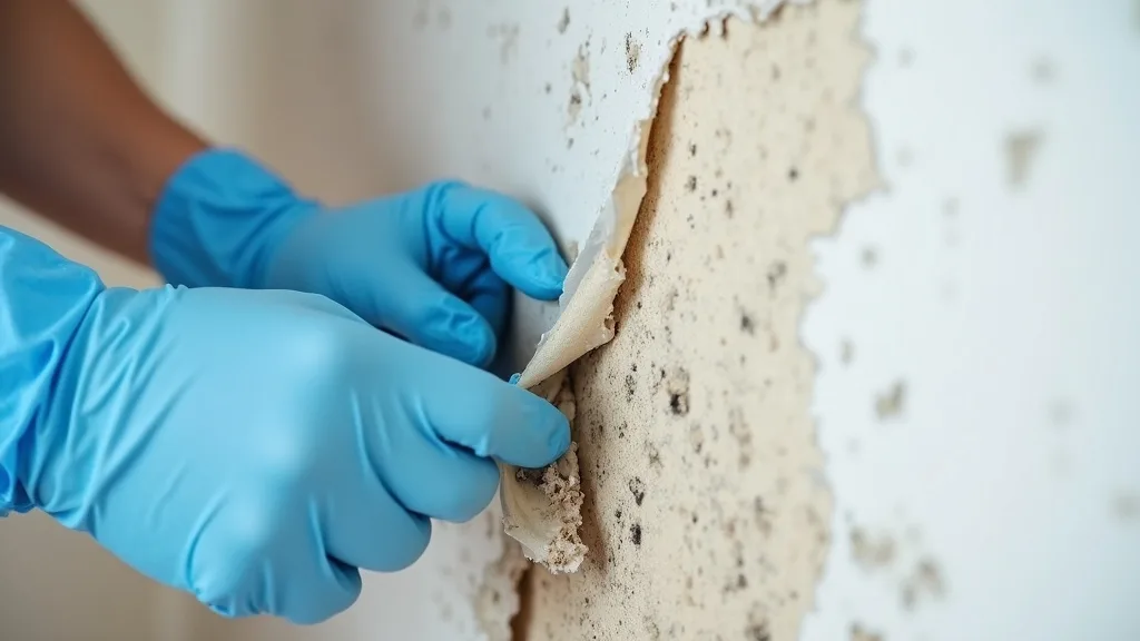 A technician in gloves removing mold-damaged drywall during a Phoenix mold removal job.
