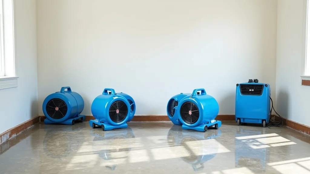 Air movers and a dehumidifier drying a water-damaged Phoenix room.